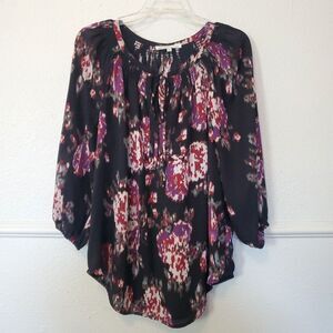 Daniel Rainn Top Long Sleeves Neckline‎ Tie Accent Chiffon Black Abstract Sz L